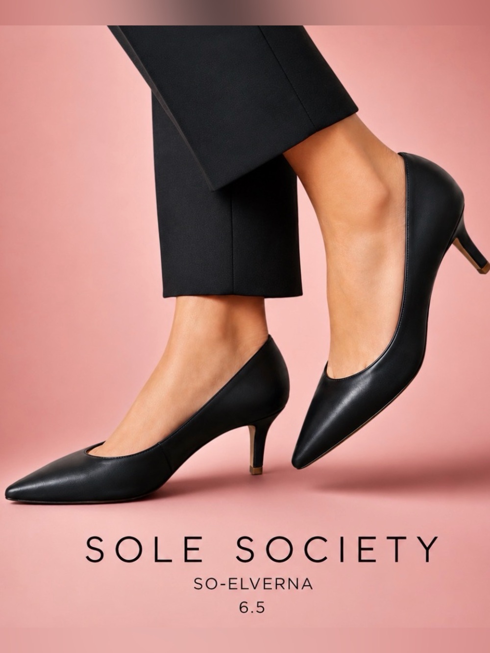 Sole Society SO-Elverna Black Leather Pointed Toe Kitten Heel Pumps Womens 6.5